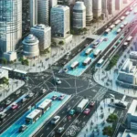 "Lyft's AI-powered multimodal transit integration system being tested in a U.S. city, showcasing seamless connectivity between rideshare, public transportation, and biking options."